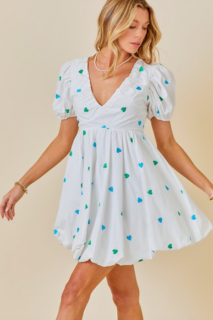 JUDY HEART EMBROIDERED BUBBLE HEM DRESS IN WHITE AND BLUE