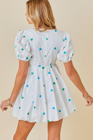 JUDY HEART EMBROIDERED BUBBLE HEM DRESS IN WHITE AND BLUE