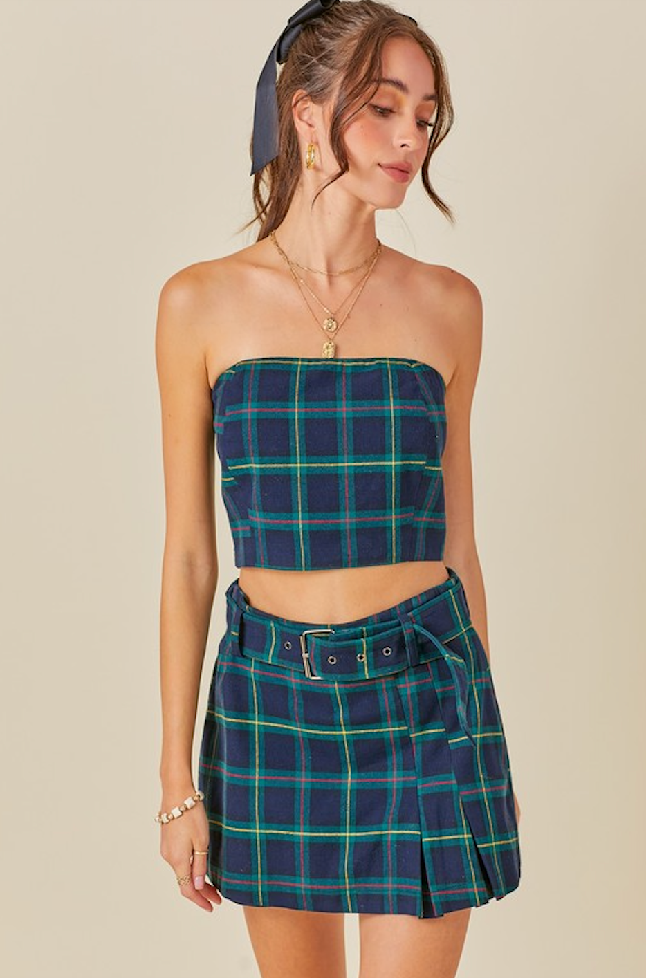 JUDY PLAID TUBE CROP TOP IN GREEN CHECK
