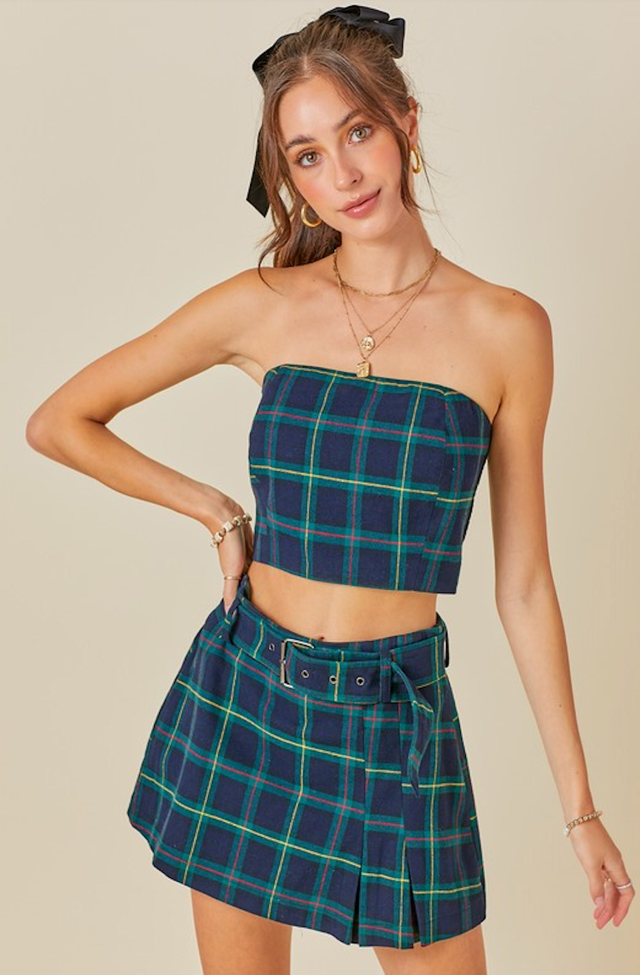 JUDY PLAID TUBE CROP TOP IN GREEN CHECK
