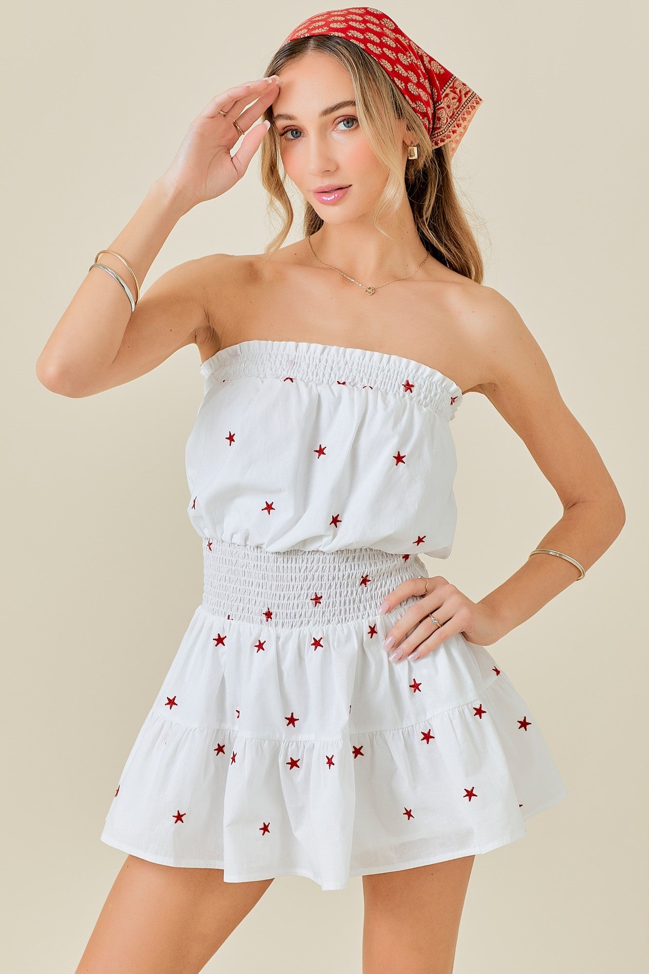 LETTIE STAR EMBROIDERED STRAPLESS ROMPER DRESS IN RED AND WHITE