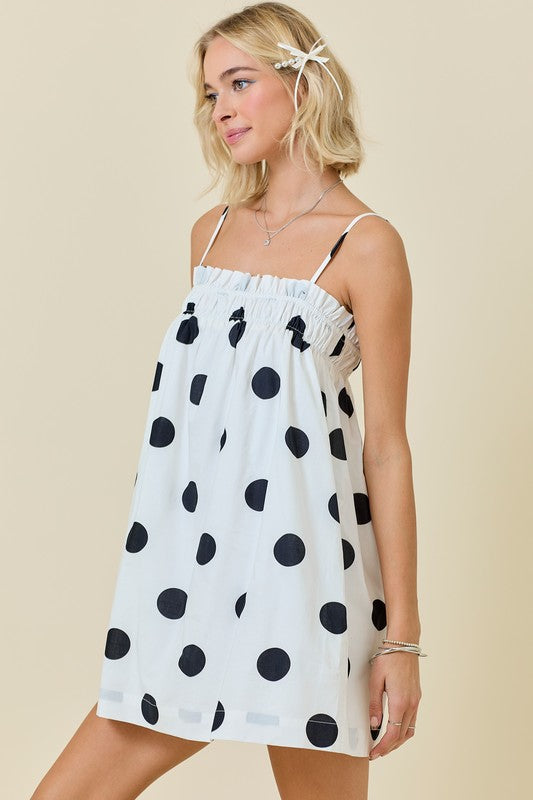 POLKA DOT MINI DRESS WITH ELASTIC NECKLINE