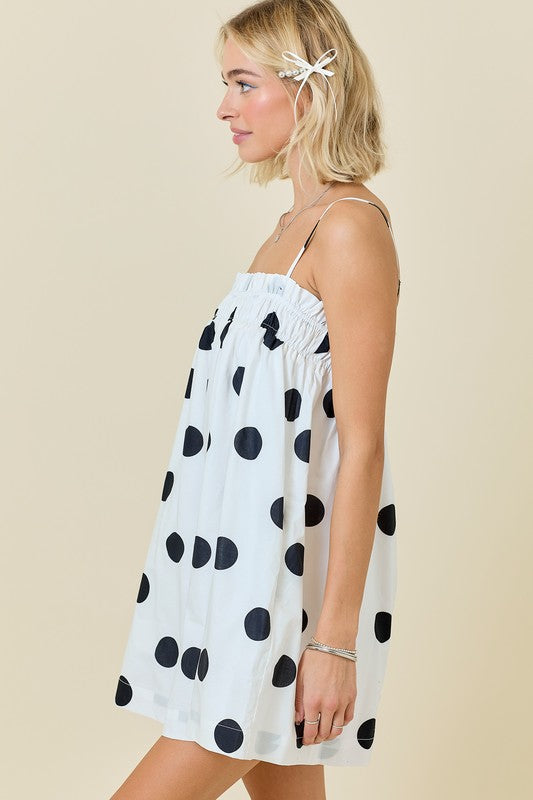 POLKA DOT MINI DRESS WITH ELASTIC NECKLINE