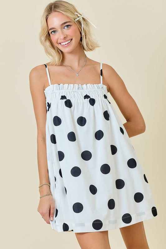 POLKA DOT MINI DRESS WITH ELASTIC NECKLINE