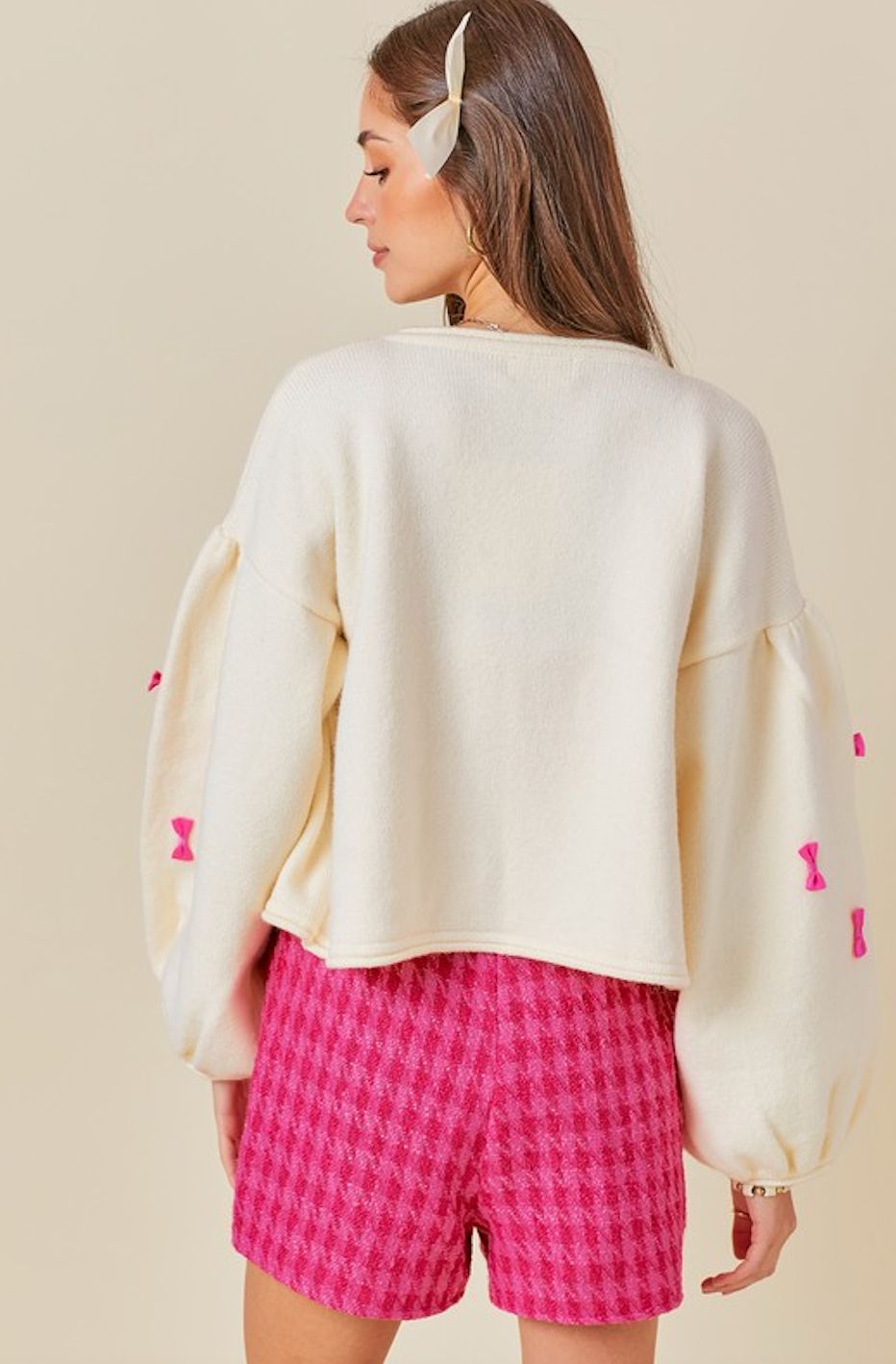 VIVIAN OPEN KNIT CARDIGAN IN IVORY AND PINK