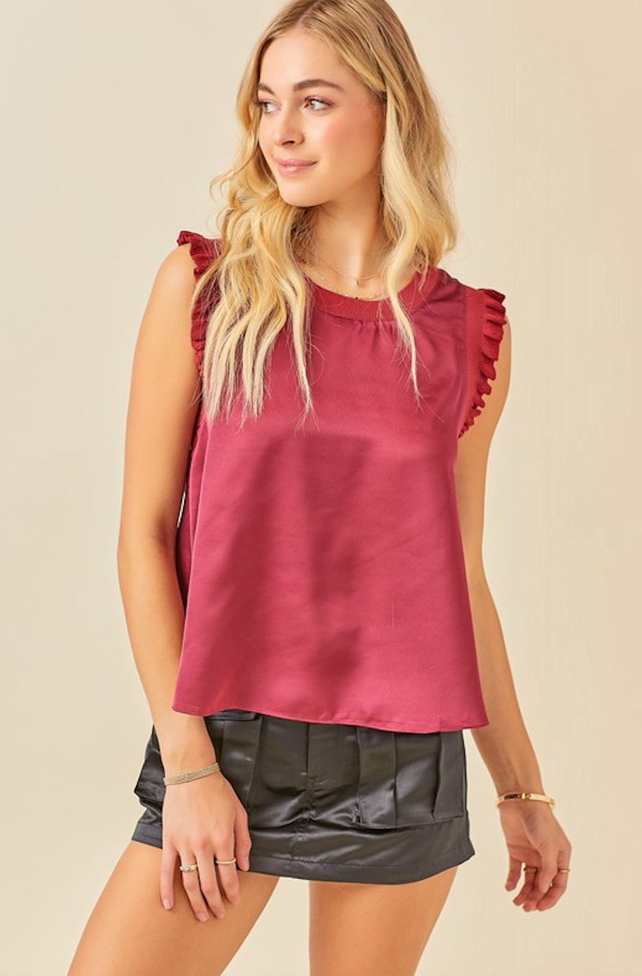 WENDY RIBBED SATIN TOP IN MAROON