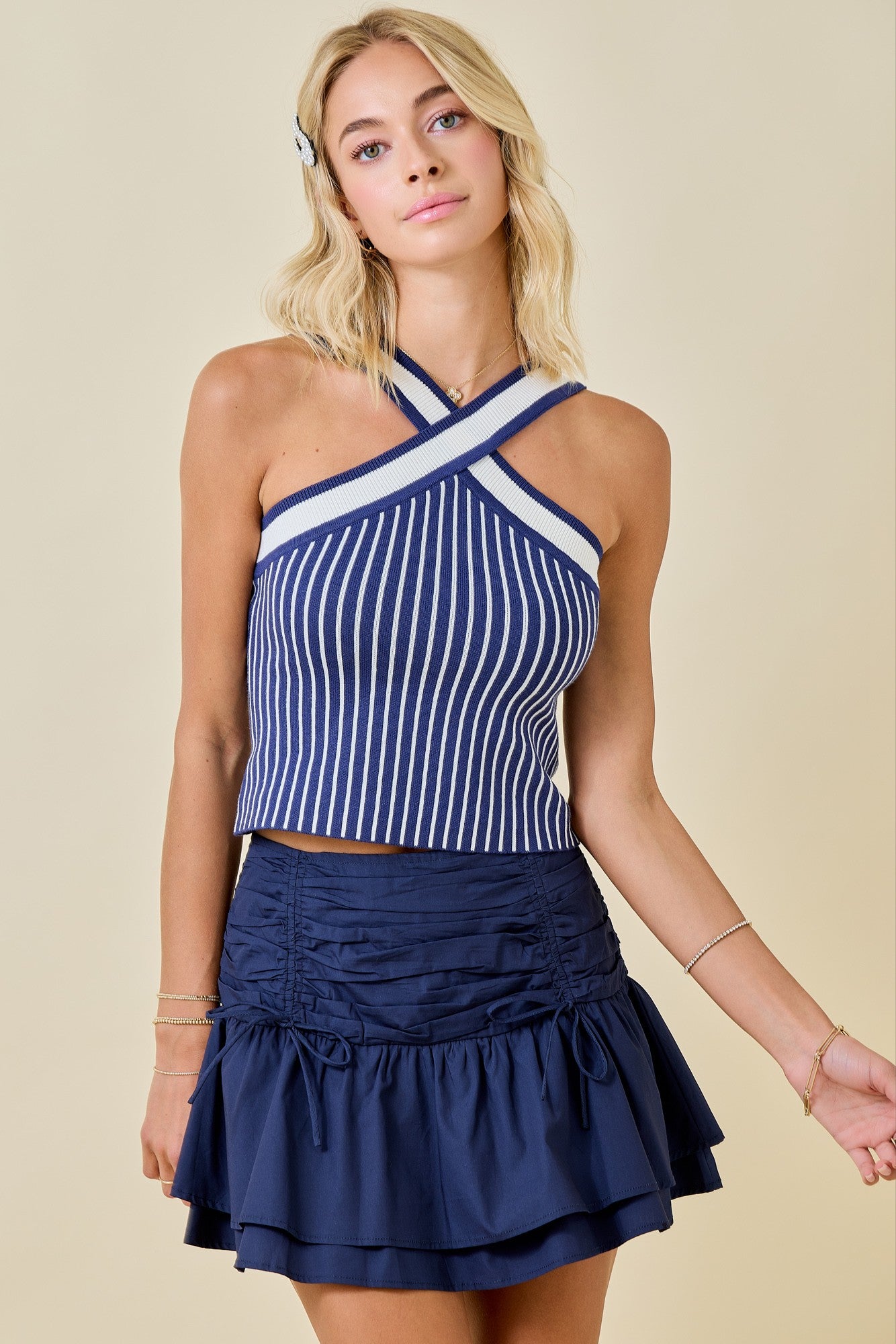 X HALTER NECKLINE STRIPE SWEATER TOP IN NAVY AND WHITE
