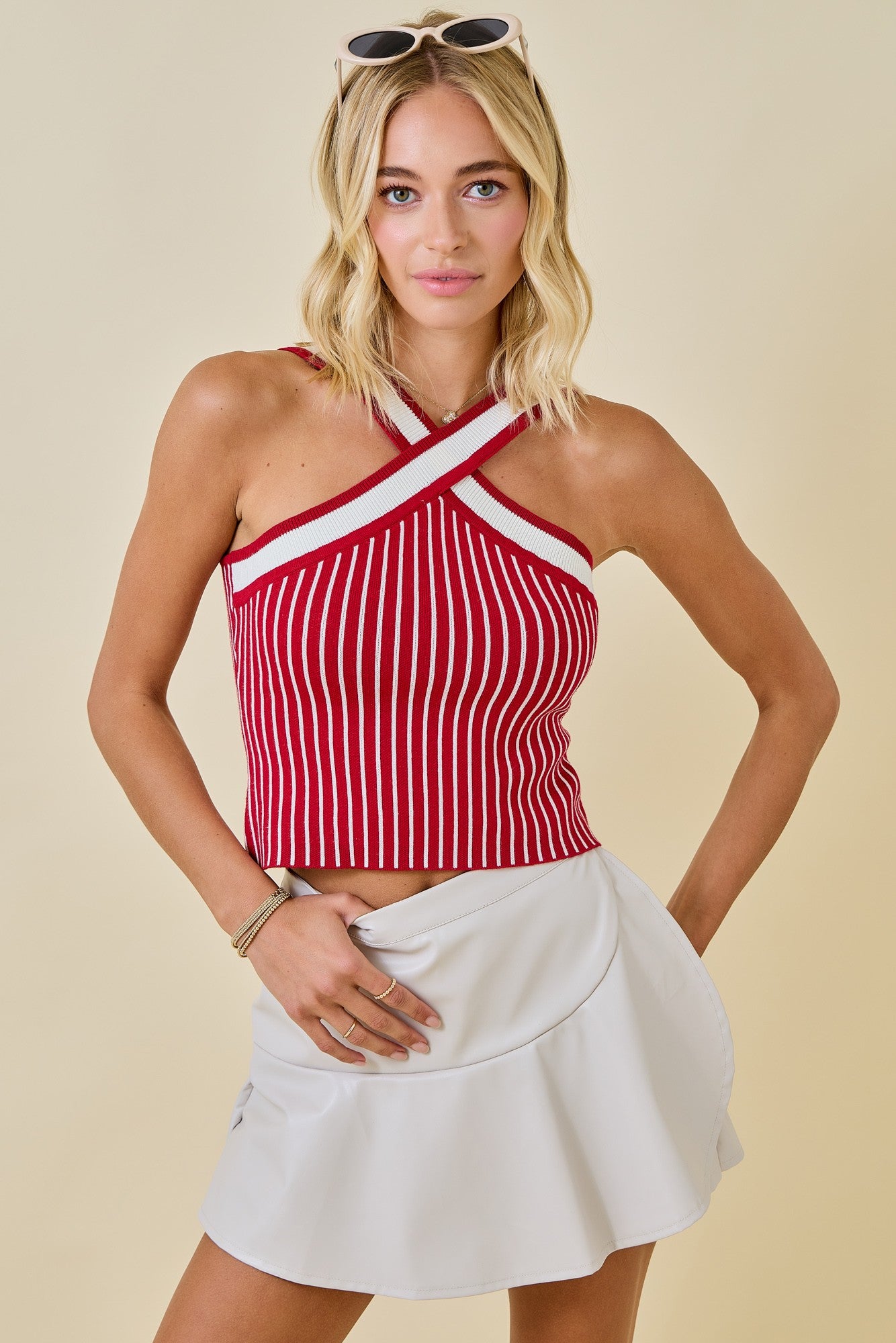 X HALTER STRIPE SWEATER TOP IN CRIMSON AND WHITE