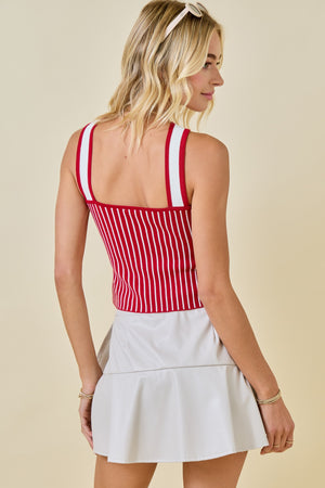 X HALTER STRIPE SWEATER TOP IN CRIMSON AND WHITE