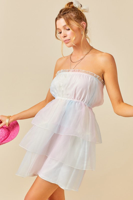 KIRA STRAPLESS TIERED MINI DRESS IN COTTON CANDY