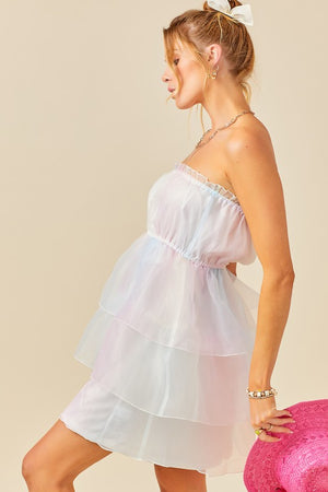 KIRA STRAPLESS TIERED MINI DRESS IN COTTON CANDY