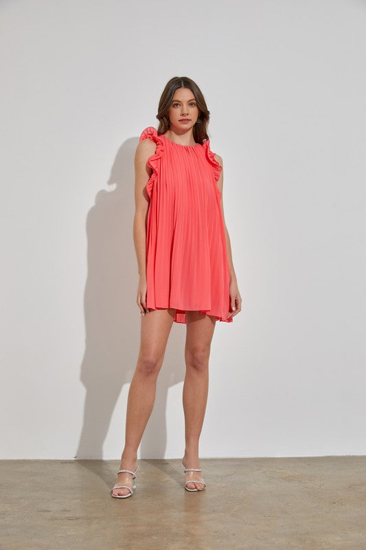 LUNA PLEATED SHIFT DRESS IN PINK CORAL