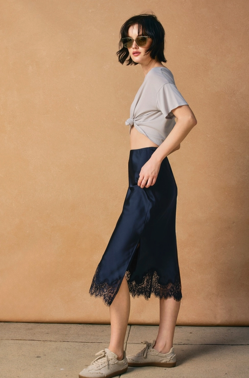 COLETTE LACE TRIM MIDI SKIRT IN DARK NAVY