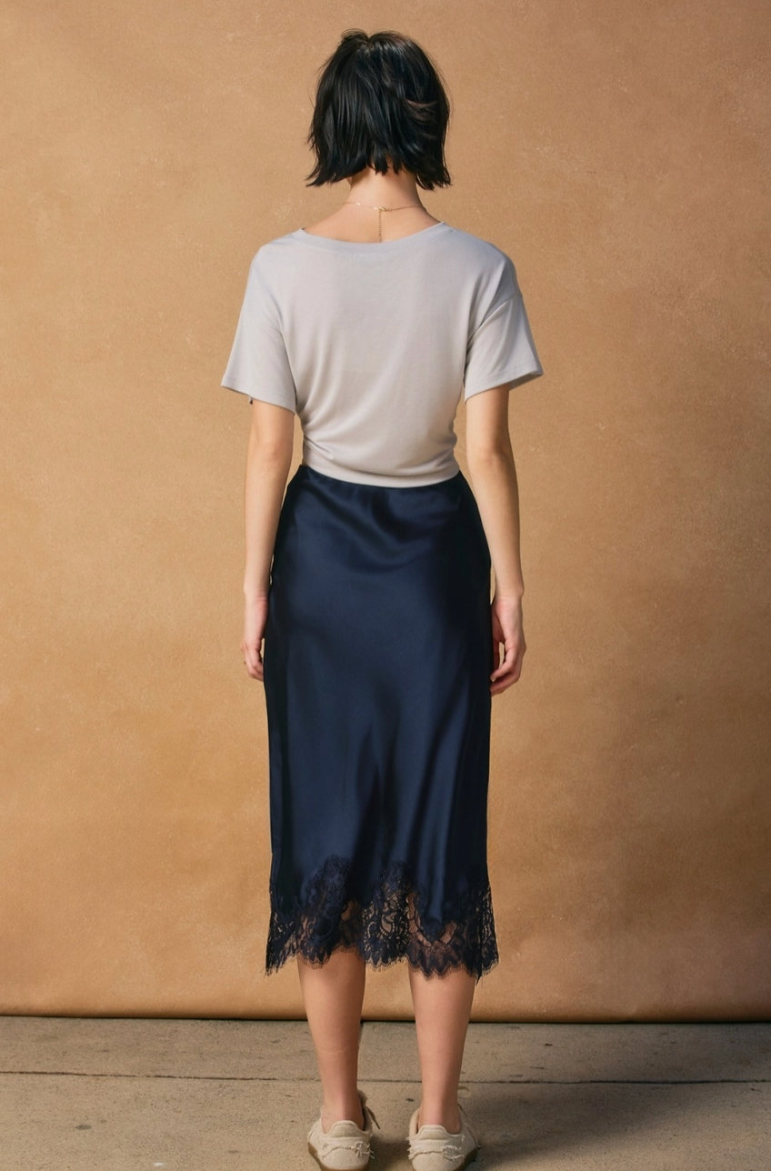 COLETTE LACE TRIM MIDI SKIRT IN DARK NAVY