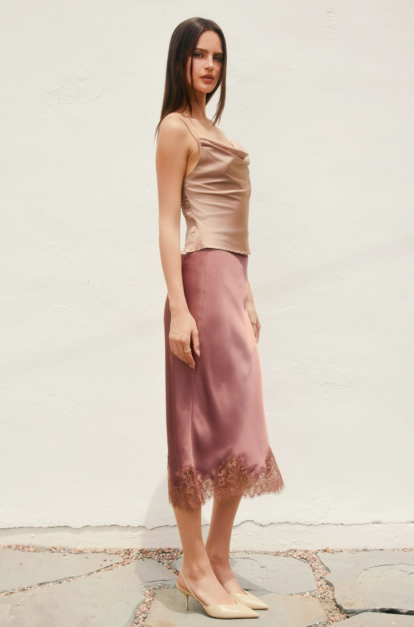 COLETTE LACE TRIM MIDI SKIRT IN ROSE DAWN