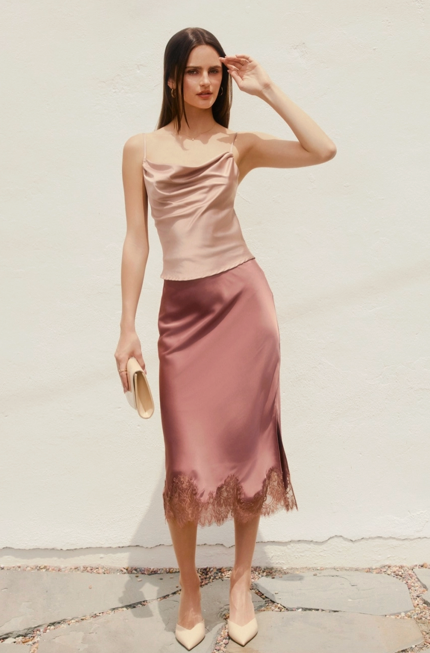COLETTE LACE TRIM MIDI SKIRT IN ROSE DAWN