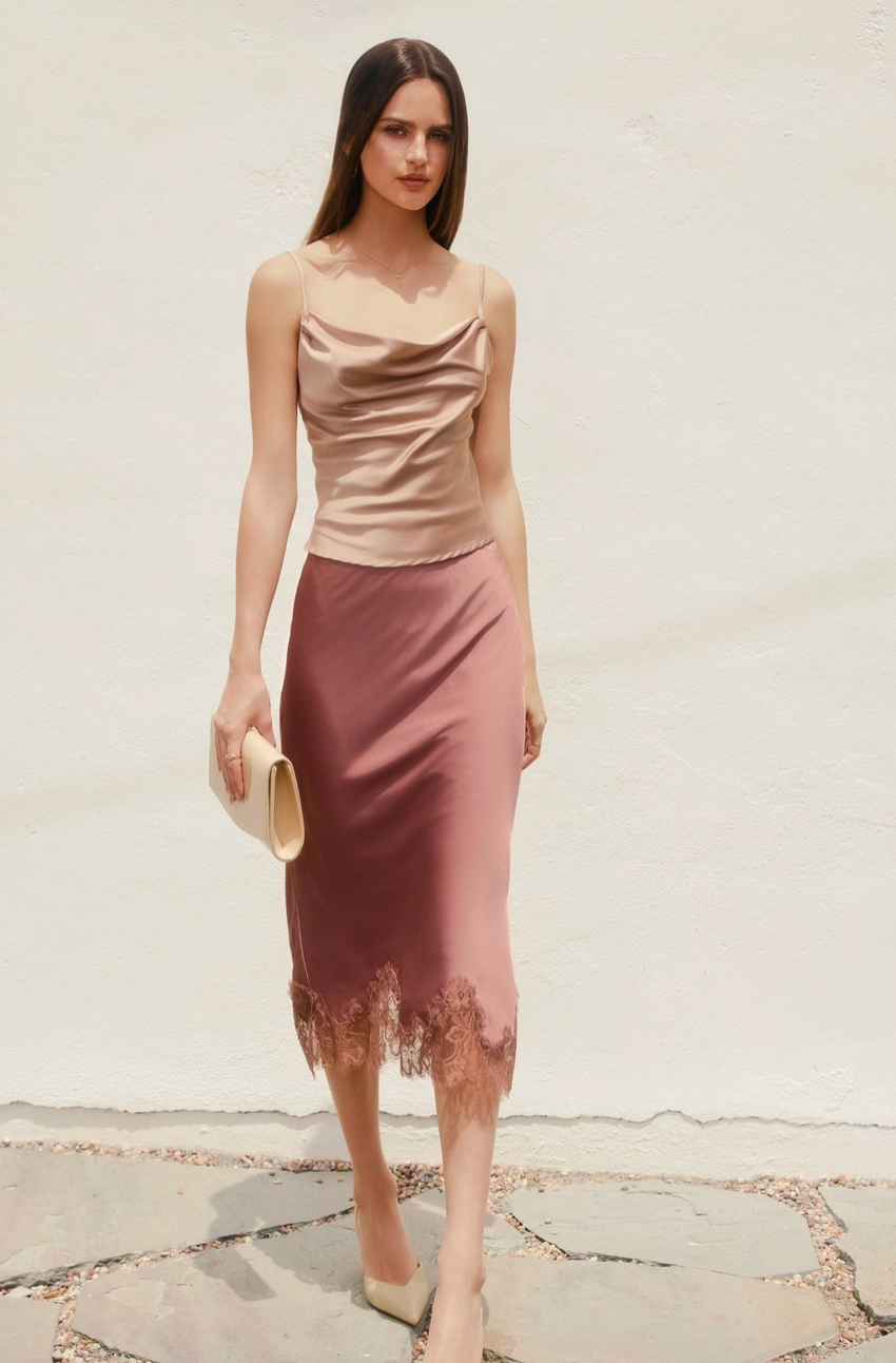 COLETTE LACE TRIM MIDI SKIRT IN ROSE DAWN