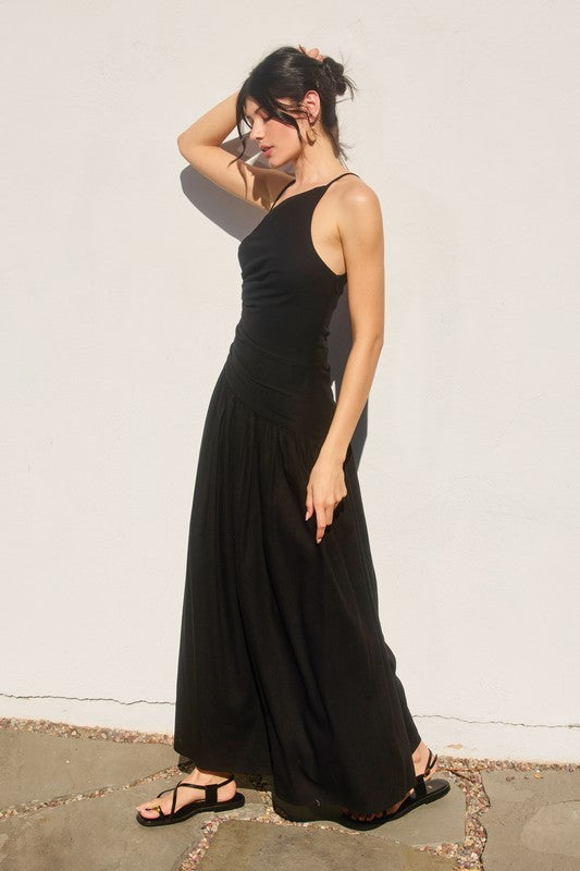 DROP WAIST RUCHED MAXI DRESS IN BLACK