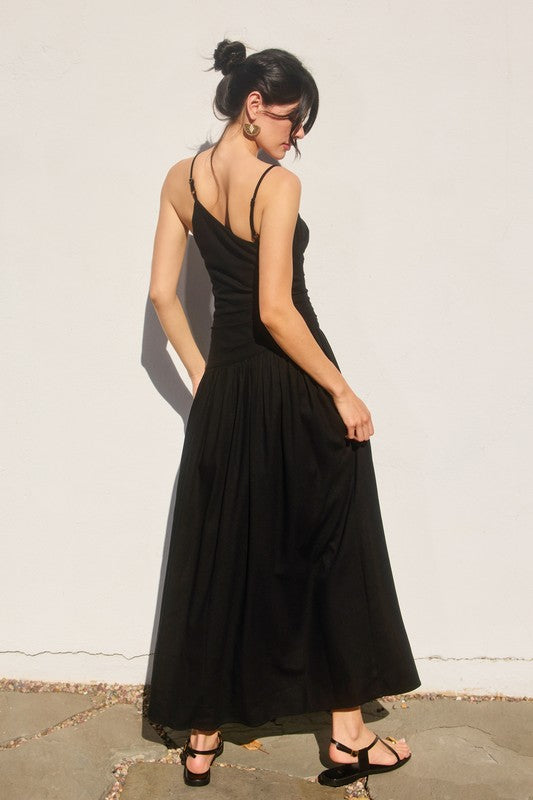DROP WAIST RUCHED MAXI DRESS IN BLACK