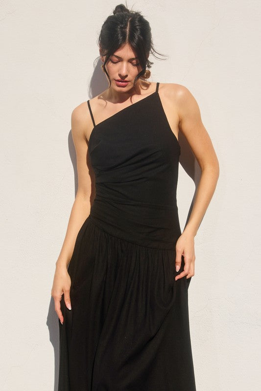 DROP WAIST RUCHED MAXI DRESS IN BLACK