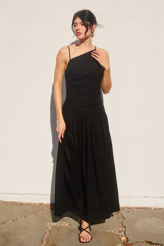 DROP WAIST RUCHED MAXI DRESS IN BLACK