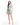 Woman wearing a floral strapless dress on a white background