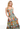 Woman wearing a strapless floral dress on a white background