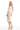 Woman wearing a strapless white lace dress on a white background