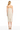 Woman wearing a strapless beige dress on a white background