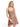 Woman wearing a colorful floral dress on a white background