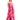 Woman wearing a strapless, pink tie-dye dress on a white background