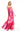 Woman wearing a strapless, long, pink and purple floral dress on a white background