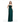 Woman wearing a strapless pleated gown in pine green.