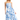 Woman wearing a strapless blue floral dress on a white background