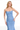 Woman wearing a strapless blue lace dress on a white background