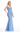 Woman wearing a strapless blue lace evening gown on a white background