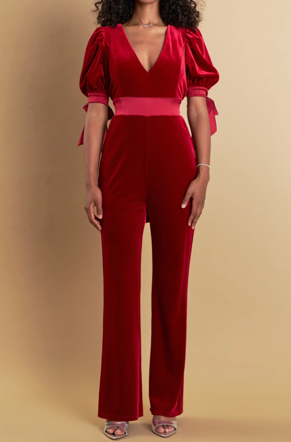 ENDLESS ROSE BOW TIE VELVET JUMPSUIT IN ROUGE