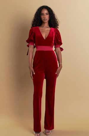 ENDLESS ROSE BOW TIE VELVET JUMPSUIT IN ROUGE