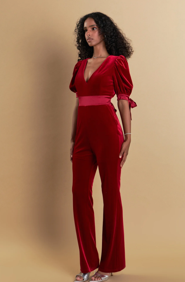 ENDLESS ROSE BOW TIE VELVET JUMPSUIT IN ROUGE