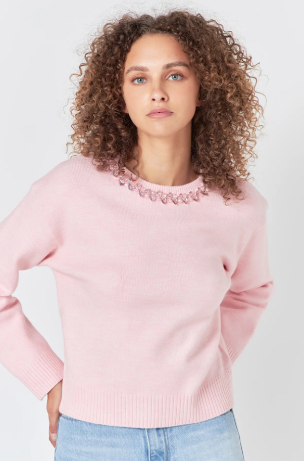 ENDLESS ROSE DOVE RHINESTONE HEART SWEATER IN PINK