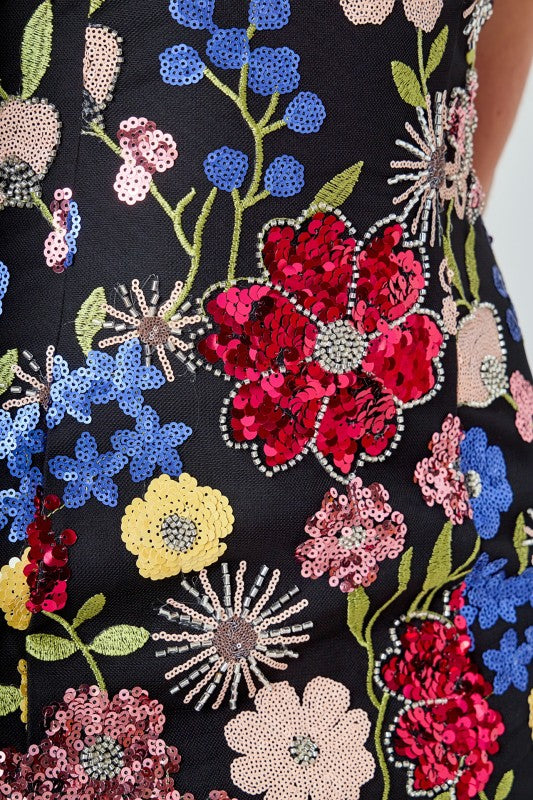 ENDLESS ROSE EDEN FLORAL SEQUIN MINI DRESS ON BLACK