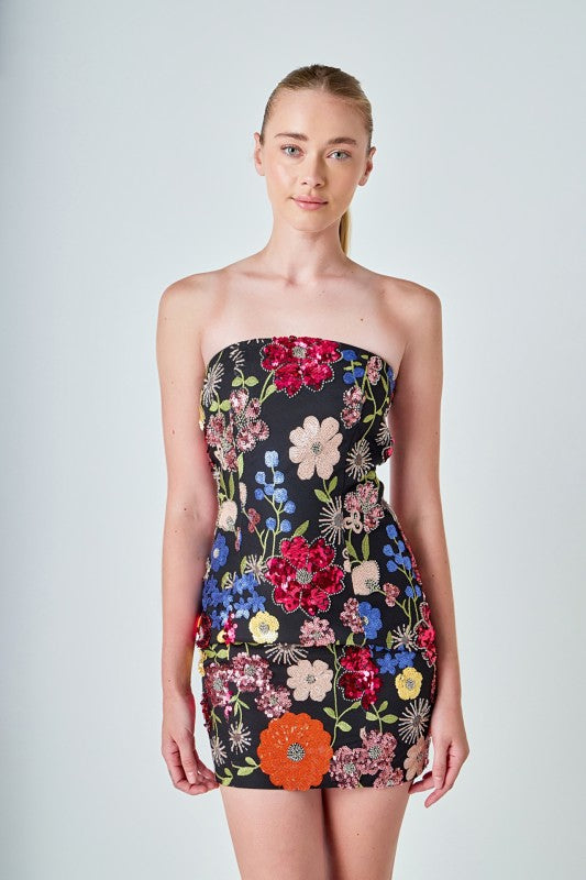 ENDLESS ROSE EDEN FLORAL SEQUIN MINI DRESS ON BLACK