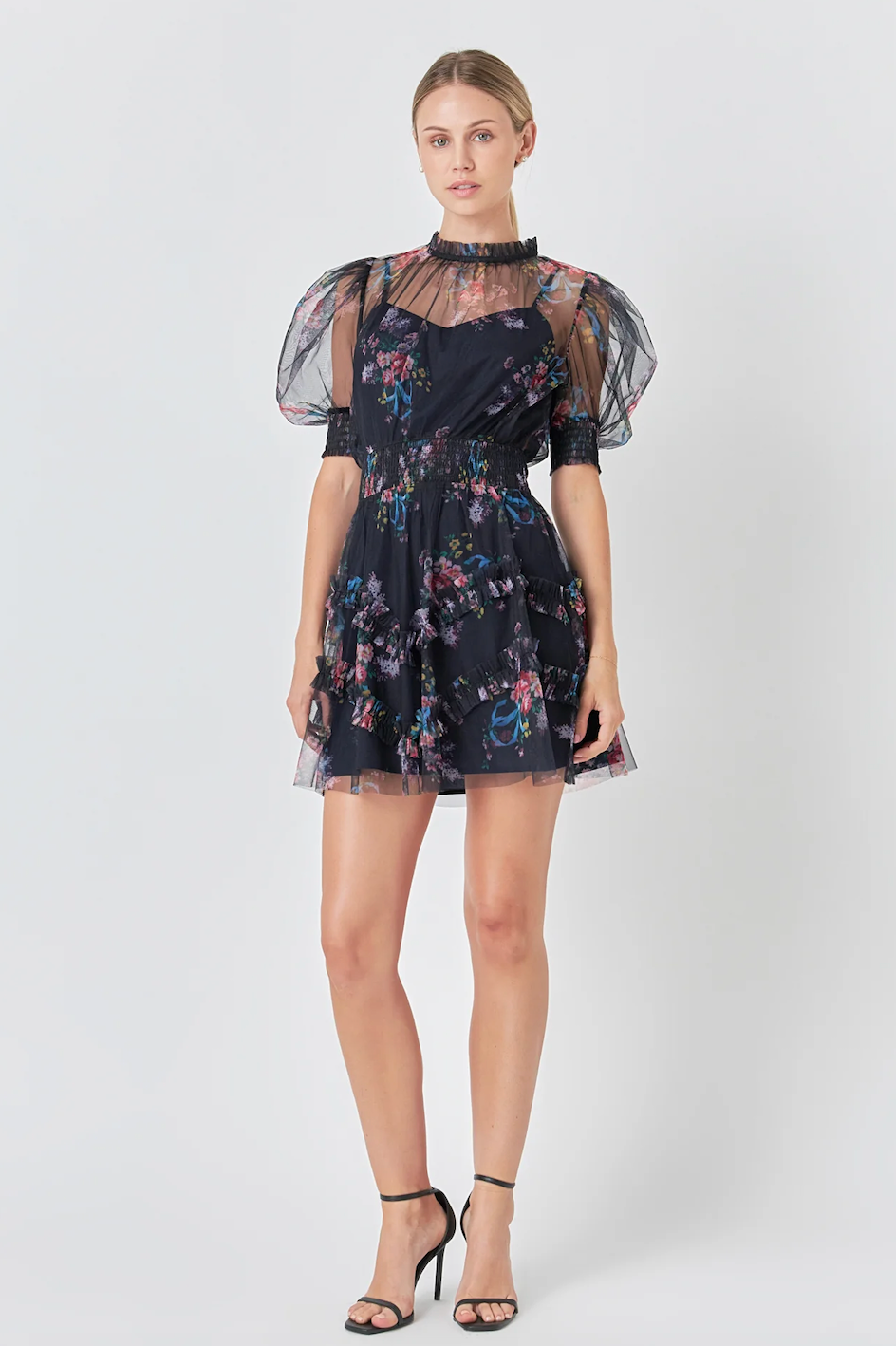 ENDLESS ROSE RUFFLED MESH DRESS IN BLACK