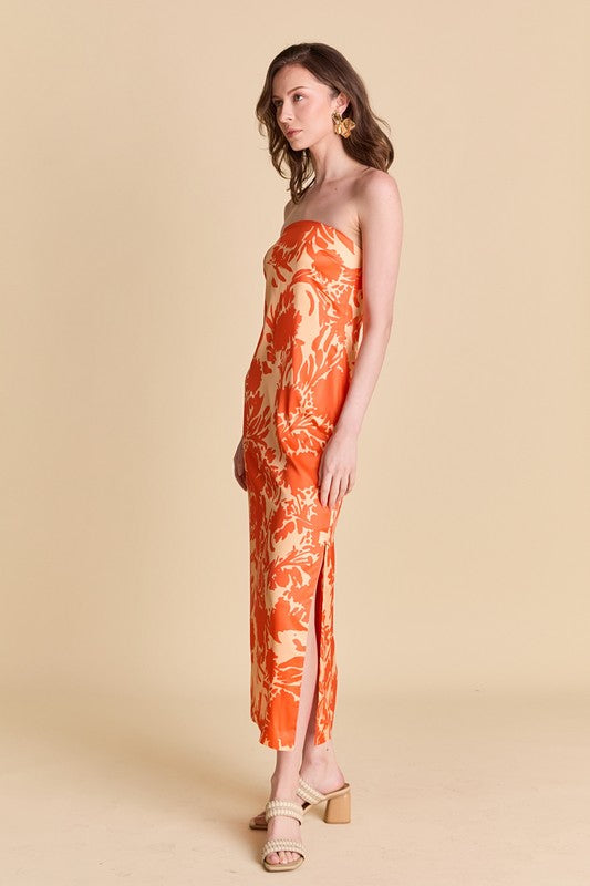 SIENNA STRAPLESS MIDI DRESS IN ORANGE
