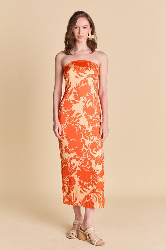 SIENNA STRAPLESS MIDI DRESS IN ORANGE