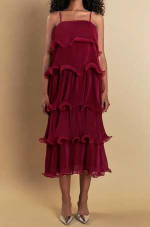 ENDLESS ROSE TIERED LONG DRESS IN BURGUNDY