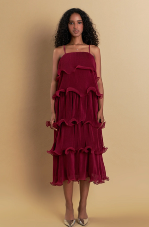 ENDLESS ROSE TIERED LONG DRESS IN BURGUNDY