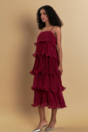 ENDLESS ROSE TIERED LONG DRESS IN BURGUNDY