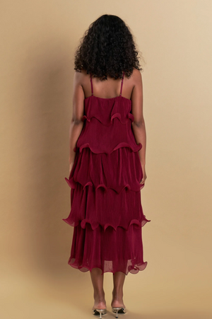 ENDLESS ROSE TIERED LONG DRESS IN BURGUNDY