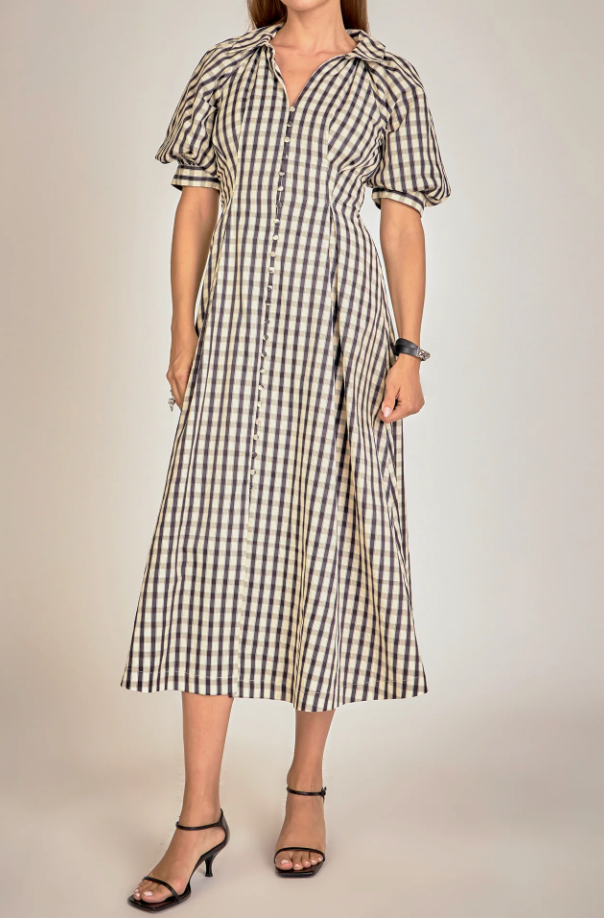 ENGLISH FACTORY GINGHAM CHECK MIDI DRESS IN BLACK